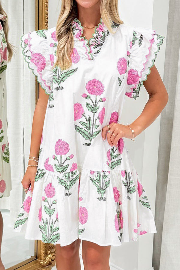 Robe courte femme floral, brodé, col V, festonné — blanc