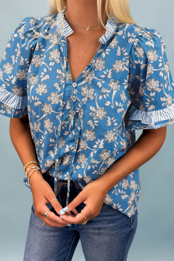 Blouse femme floral, rayé, boutonnée, manches courtes — bleu