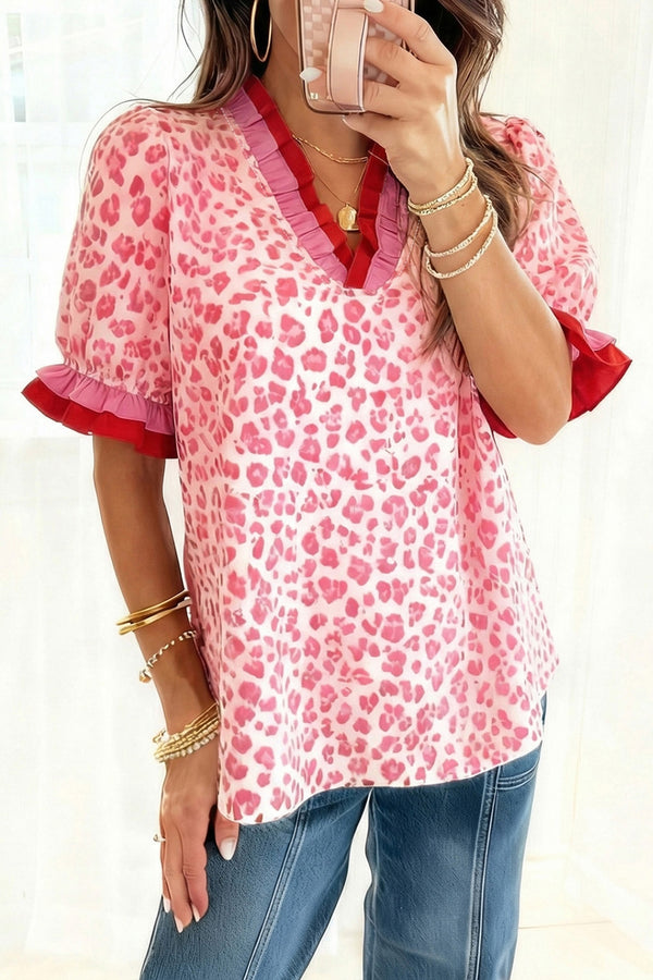 Blouse femme léopard, rayé, à volants, manches courtes, col V — rose