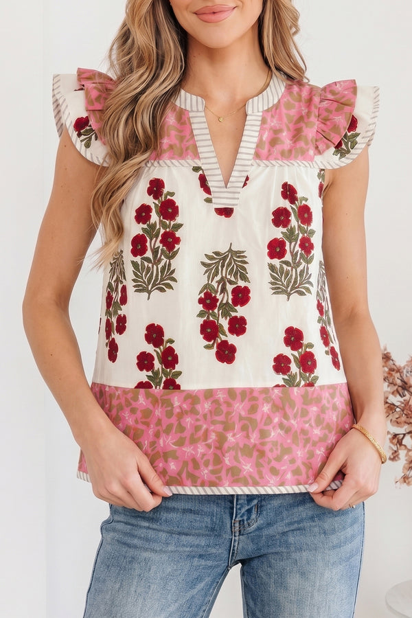 Blouse femme floral, rayé — blanc