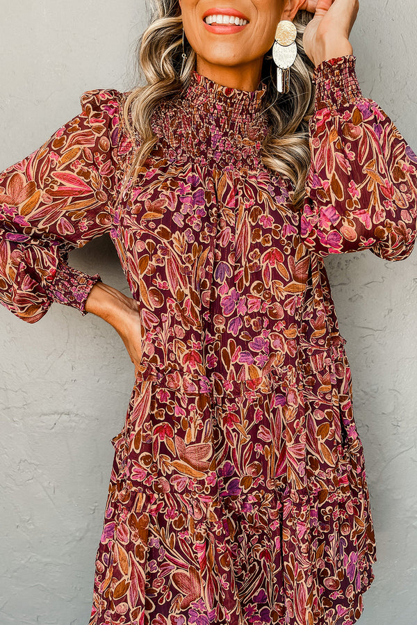 Robe courte femme floral, smocké, manches longues, col montant, ample — rouge