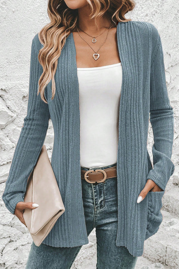 Haut femme en maille, poches, côtelé — bleu