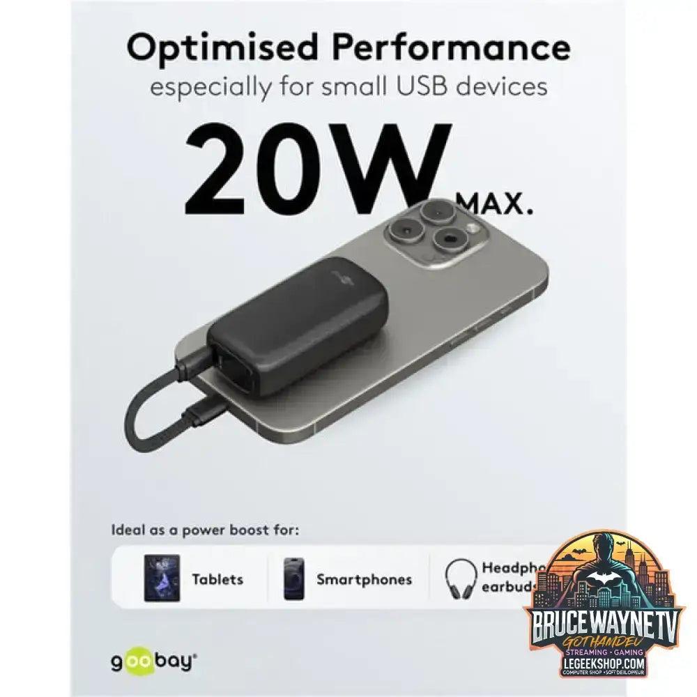 goobay Powerbank 5.000 mAh, integriertes USB-C Kabel 13cm, 20 Watt schwarz, 5 Ah, 1x USB-A, 1x USB-C, PD, QC - Stromquelle: USB-C - vue 8