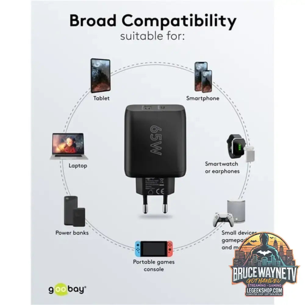 goobay USB-C Dual-Schnellladegerät, PD, GaN, 65 Watt schwarz, 1x USB-C, 1x USB-A, Power Delivery - goobay - vue 7