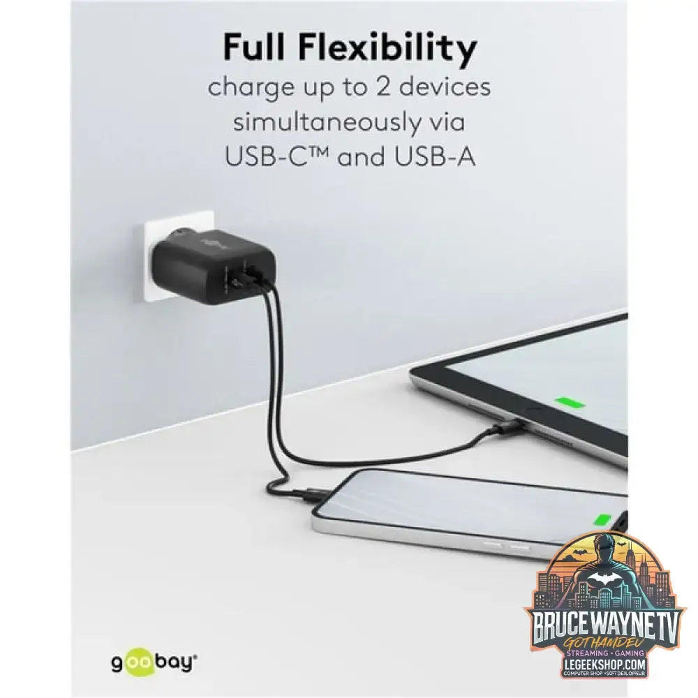 goobay USB-C Dual-Schnellladegerät, PD, GaN, 65 Watt schwarz, 1x USB-C, 1x USB-A, Power Delivery - goobay - vue 8