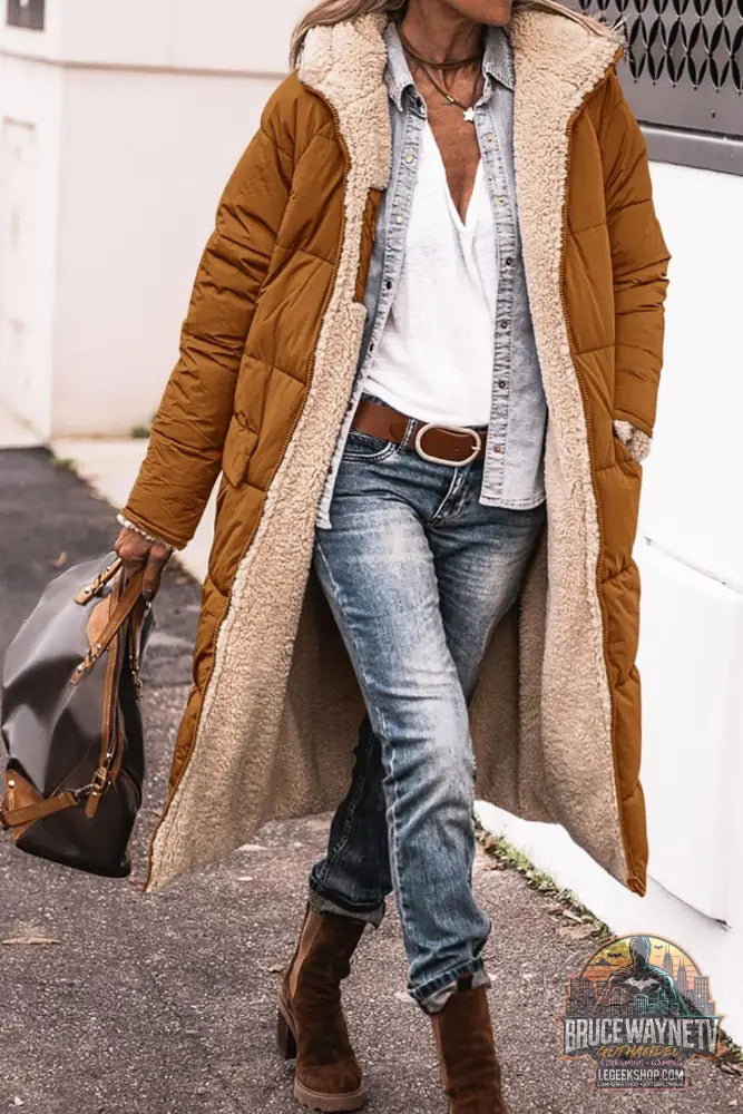 Manteau Long Capuche Hiver Réversible Élégant Femme - Dark Brown / L - Manteau Femme