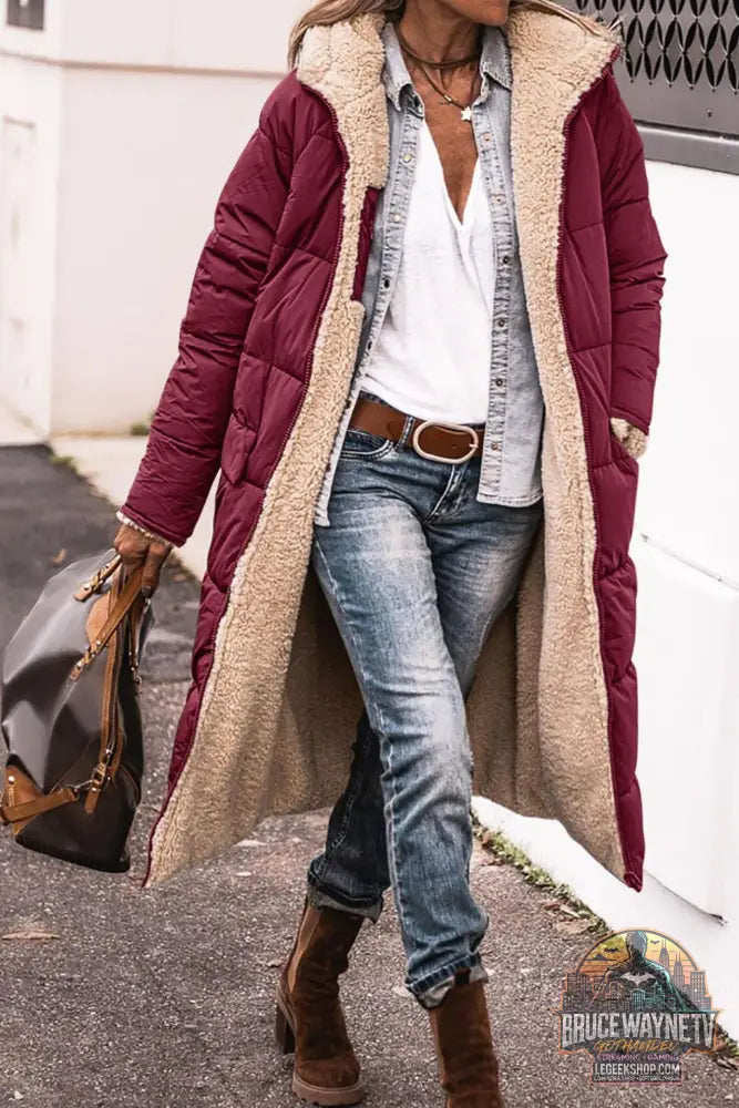 Manteau Long Capuche Hiver Réversible Élégant Femme - Wine Red / L - Manteau Femme