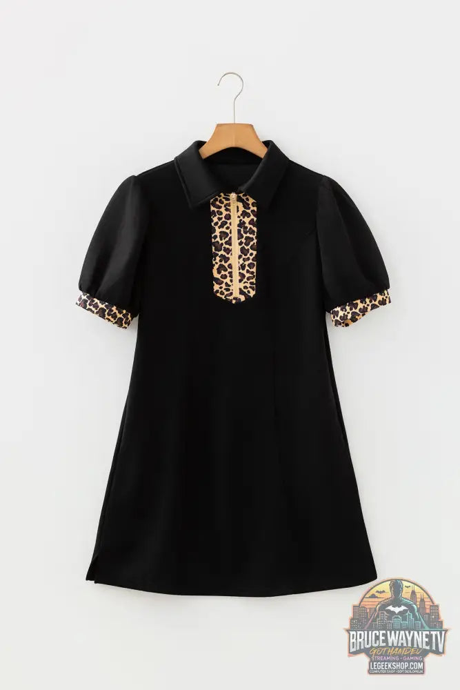 Mini robe léopard patchwork col zippé manches courtes bouffantes droite noir - Dresses/Mini Dresses