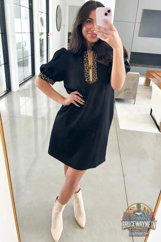 Mini robe léopard patchwork col zippé manches courtes bouffantes droite noir - Dresses/Mini Dresses