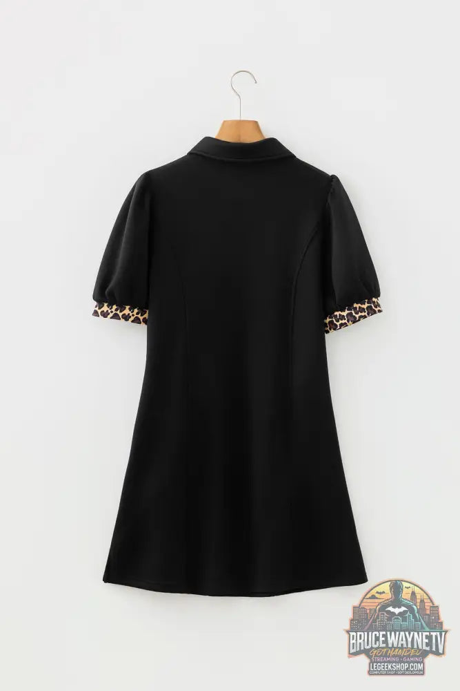 Mini robe léopard patchwork col zippé manches courtes bouffantes droite noir - Dresses/Mini Dresses