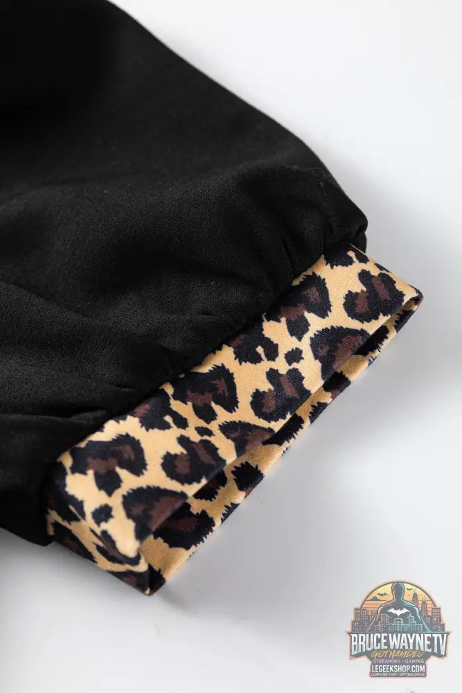 Mini robe léopard patchwork col zippé manches courtes bouffantes droite noir - Dresses/Mini Dresses