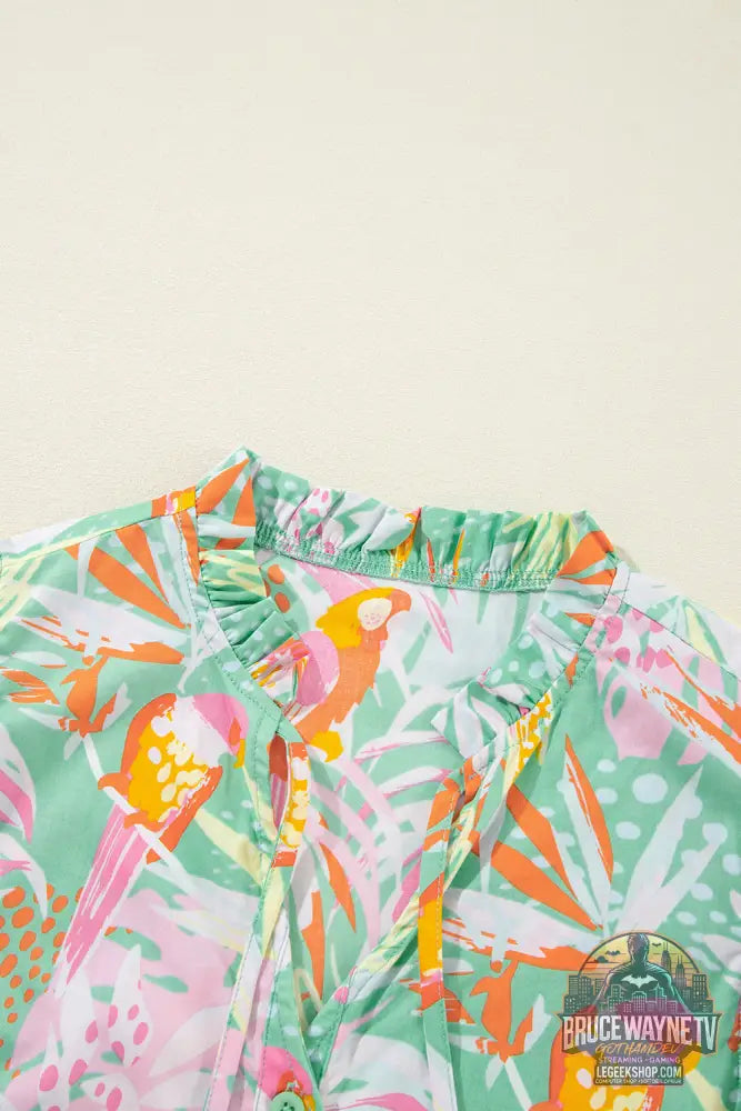 Robe boutonnée à manches flottantes et à volants floraux abstraits vert - Dresses/Floral Dresses