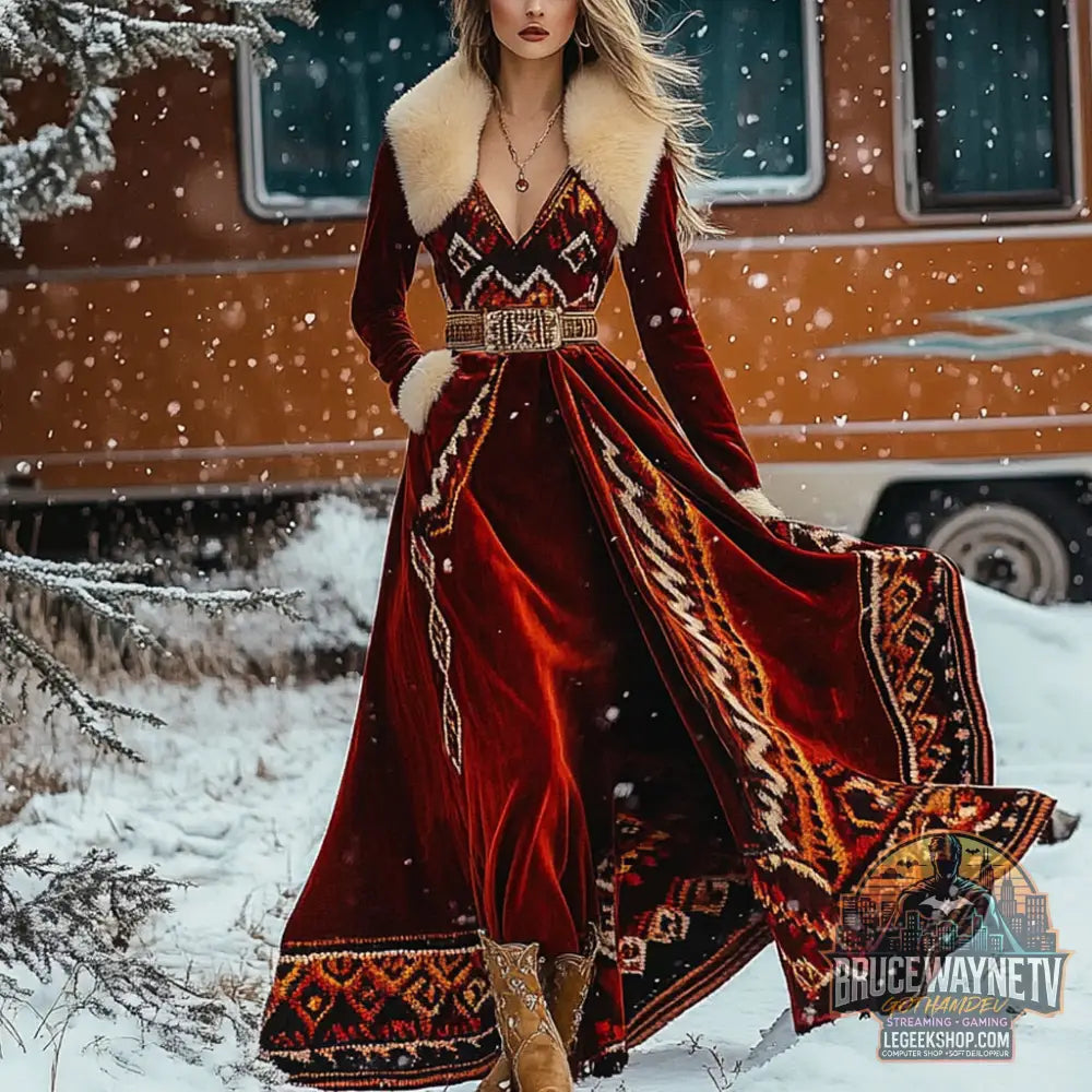 Robe Femme Longue Col Fourrure Épaissie Taille Haute - Red / S - Robe Femme