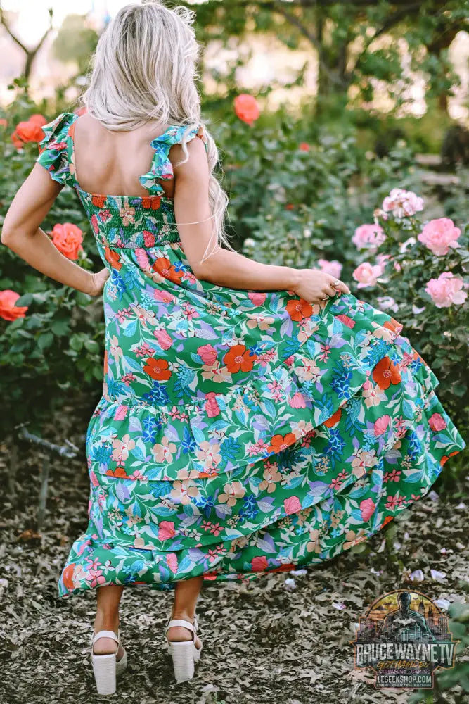 Robe longue à volants et à volants sans manches à imprimé floral vert - Dresses/Floral Dresses