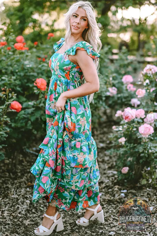 Robe longue à volants et à volants sans manches à imprimé floral vert - Dresses/Floral Dresses