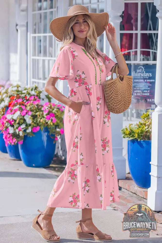 Robe Longue Femme – Florale · Col Cranté · Manches Courtes Flottantes · Taille Haute · 2 Coloris - Robe Femme