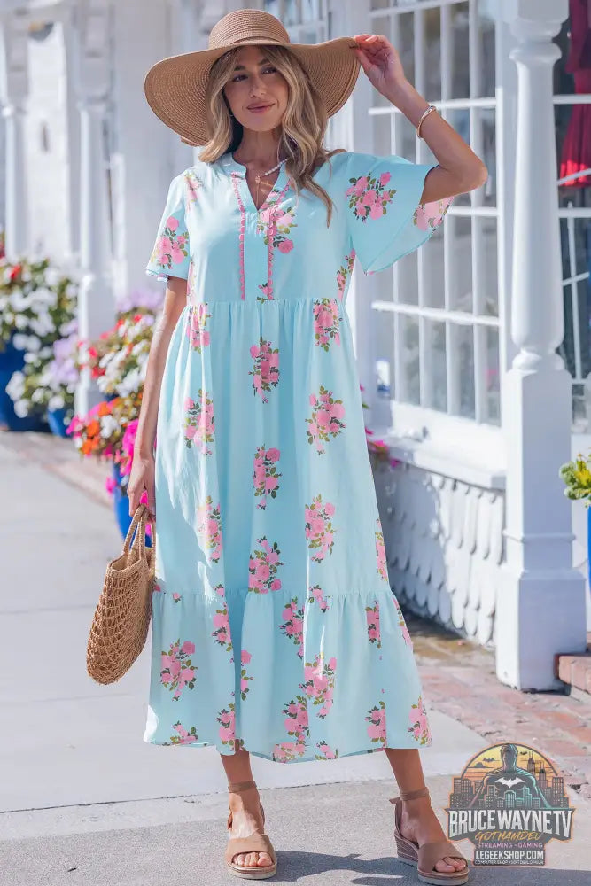 Robe Longue Femme – Florale · Col Cranté · Manches Courtes Flottantes · Taille Haute · 2 Coloris - Robe Femme