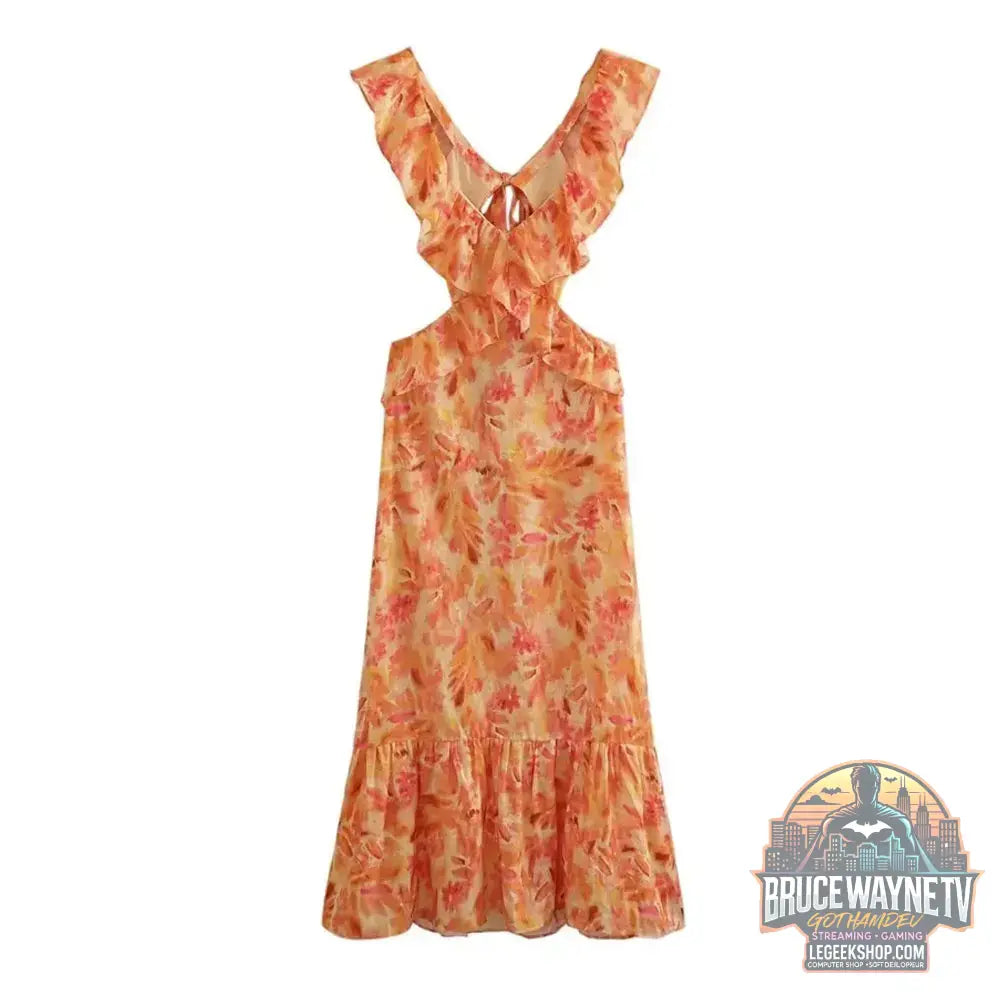 Robe longue Orange pour femmes mode d’été Sexy col en v sans manches dos nu imprimé à volants ajouré robes de plage