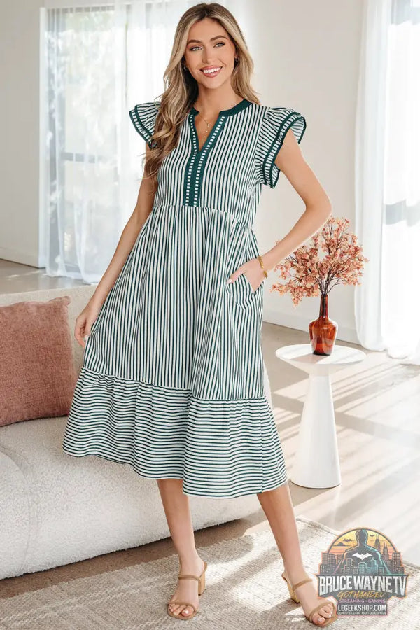 Robe midi à rayures doubles à volants et manches courtes avec bordure contrastée et col en V vert - Green Stripe / S