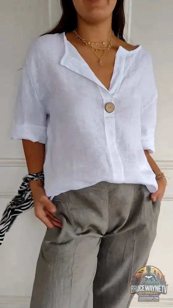 T-Shirt Femme Col V Manches Longues Coton Lin Boutons Décontracté - White / S - T-Shirt Femme
